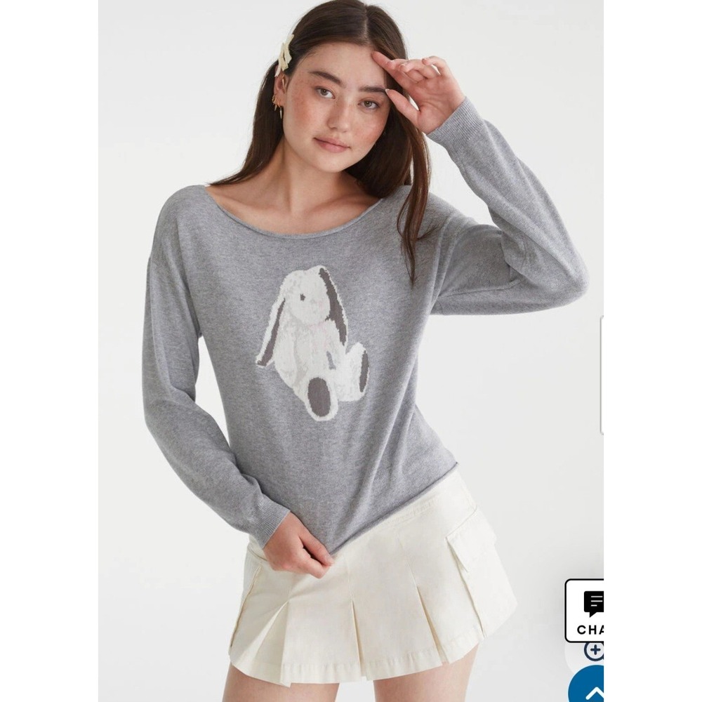 Aeropostale Bunny Slashed Neck Off The Shoulder Sweater Light Grey Marl Sz S New